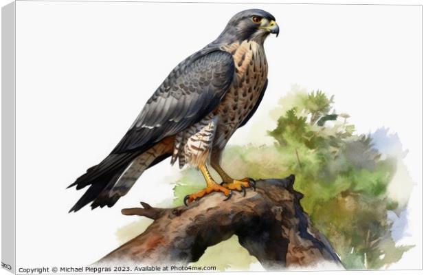 Watercolor painted merlin hawk on a white background. Canvas Print by Michael Piepgras