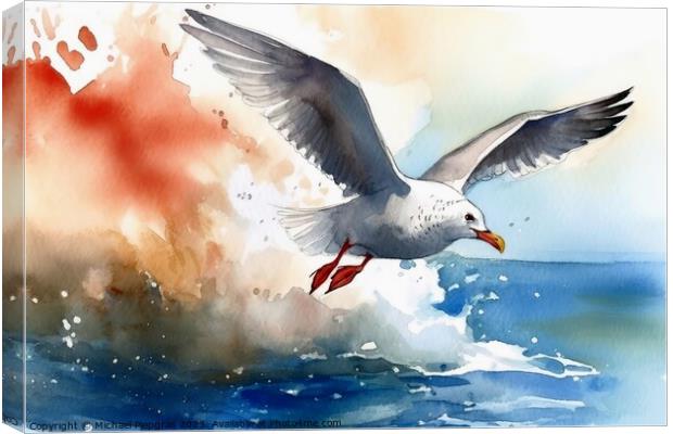 Watercolor painted silver gull on a white background. Canvas Print by Michael Piepgras