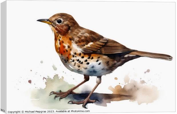 Watercolor painted song thrush bird on a white background. Canvas Print by Michael Piepgras