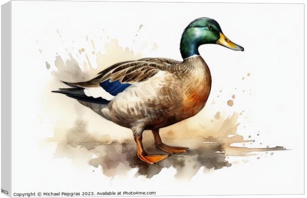 Watercolor painted mallard duck on a white background. Canvas Print by Michael Piepgras