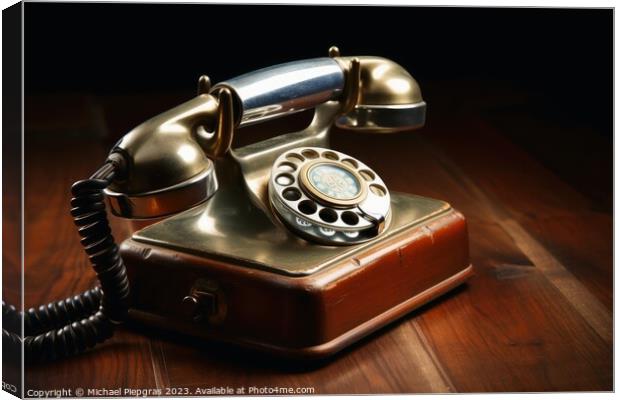 A vintage telephone on a wooden table created with generative AI Canvas Print by Michael Piepgras