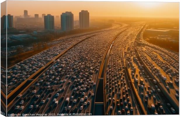 Aerial view of a highway with a huge traffic jam created with ge Canvas Print by Michael Piepgras