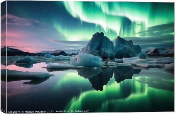 An iceberg landscape with water reflection the aurora borealis i Canvas Print by Michael Piepgras
