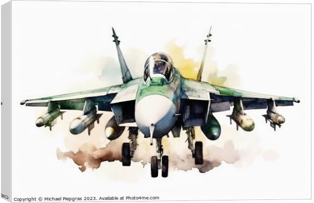 Watercolor military jet on white background created with generat Canvas Print by Michael Piepgras