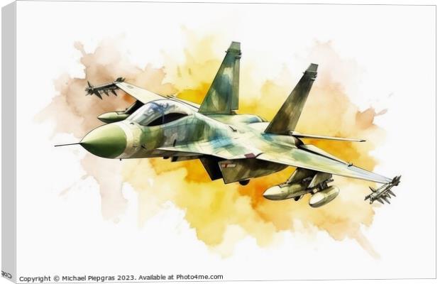 Watercolor military jet on white background created with generat Canvas Print by Michael Piepgras