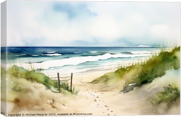 Watercolor of a beautiful beach created with generative AI techn Canvas Print by Michael Piepgras