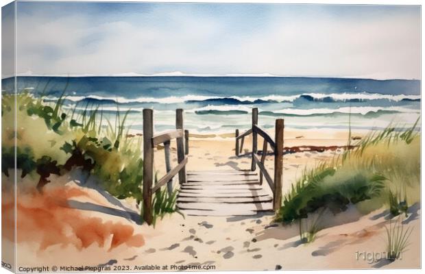 Watercolor of a beautiful beach created with generative AI techn Canvas Print by Michael Piepgras