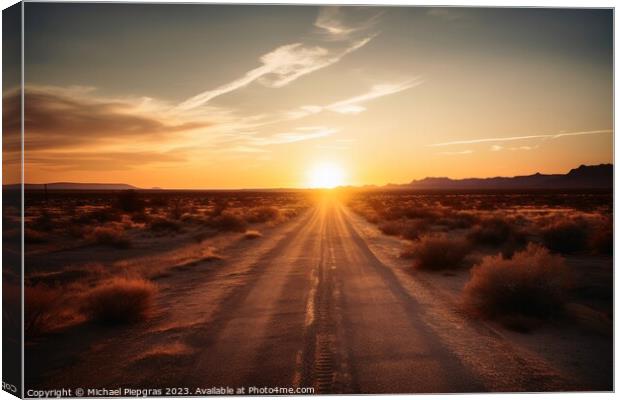 A lonely straight road in the American landscape at sunset creat Canvas Print by Michael Piepgras