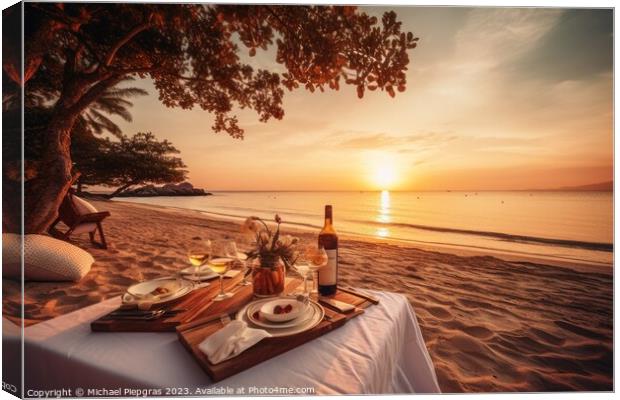 A romantic picnic on a tropical beach at sunset created with gen Canvas Print by Michael Piepgras