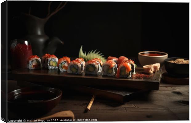 Very tasty sushi served on a dark wooden plate with chopsticks a Canvas Print by Michael Piepgras