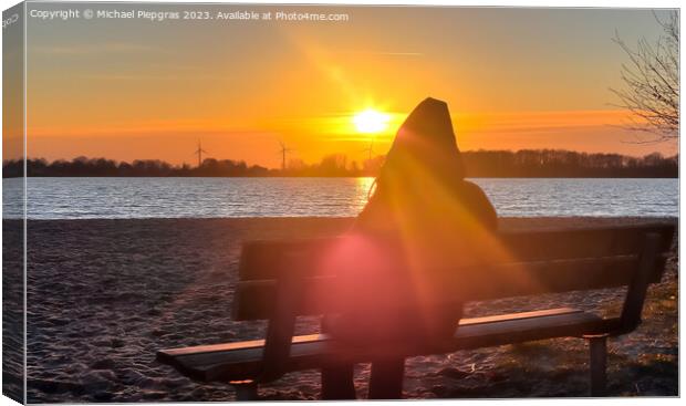 Beautiful and romantic sunset at a lake in yellow and orange col Canvas Print by Michael Piepgras