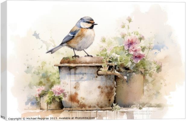 Beautiful watercolor singing bird in a garden on a white backgro Canvas Print by Michael Piepgras