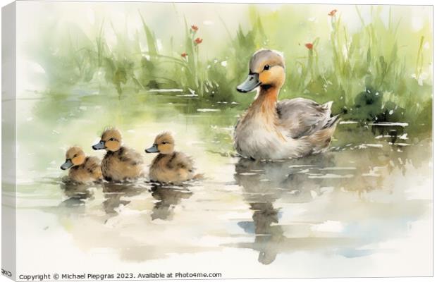 Watercolor painting of ducklings and mom on a white background. Canvas Print by Michael Piepgras