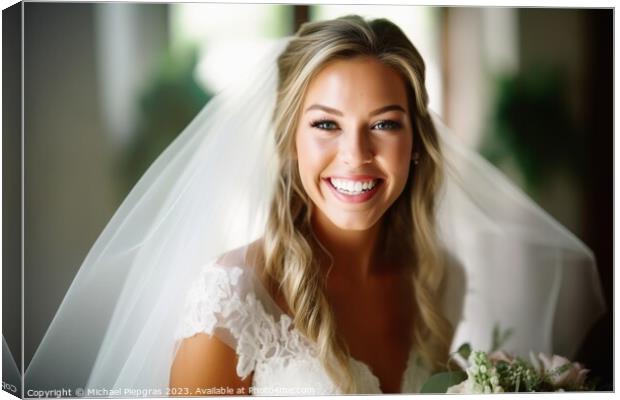 A happy smiling bride in a white dress created with generative A Canvas Print by Michael Piepgras