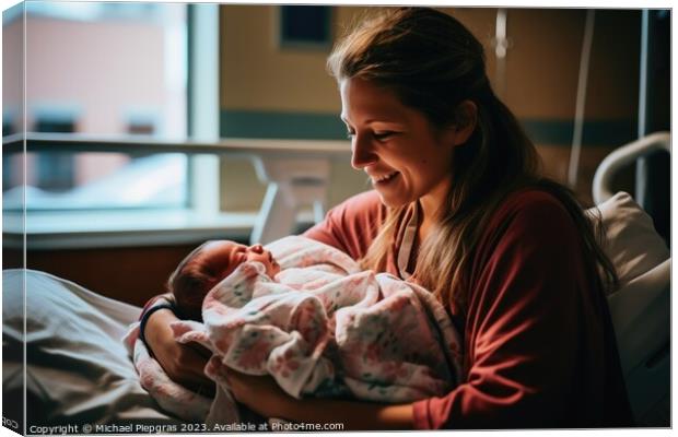 A mother holds her just born baby in her arms in a hospital bed  Canvas Print by Michael Piepgras