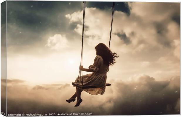 A woman on a swing that swings in the sky created with generativ Canvas Print by Michael Piepgras
