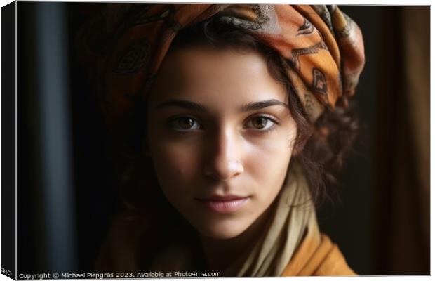 Close up view of a young woman with a headscarf created with gen Canvas Print by Michael Piepgras