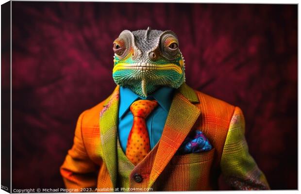 A Chameleon in a colorful suit created with generative AI techno Canvas Print by Michael Piepgras