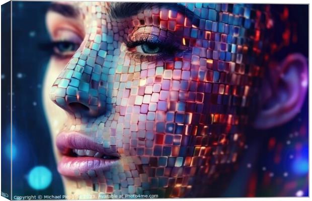 Close up of a beautiful cyberspace female face in a chaotic surr Canvas Print by Michael Piepgras