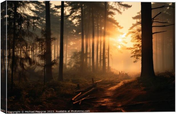 A sunrise in a misty forest. Canvas Print by Michael Piepgras