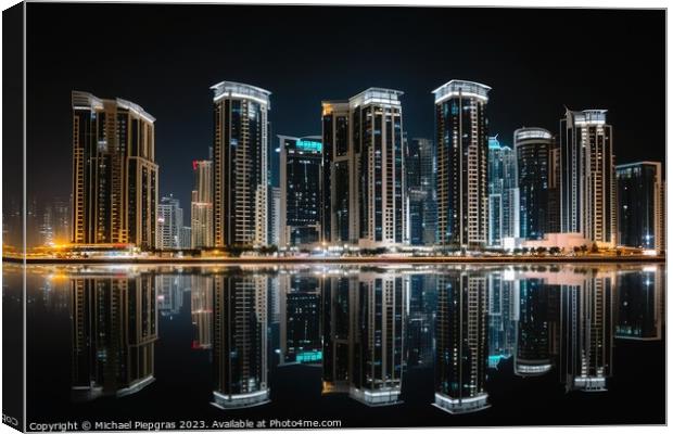 A skyline of a big city in the night with water reflections. Canvas Print by Michael Piepgras