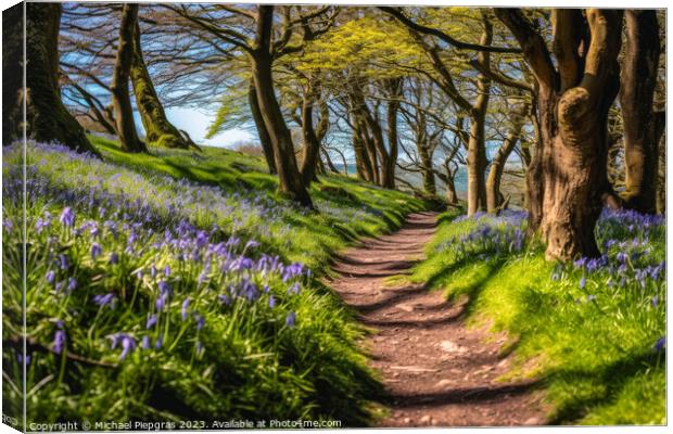 Lonely Footpath through some blue bell flowers in a forest lands Canvas Print by Michael Piepgras