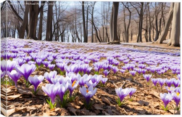 A deciduous forest in spring with a sea of crocus flowers on the Canvas Print by Michael Piepgras