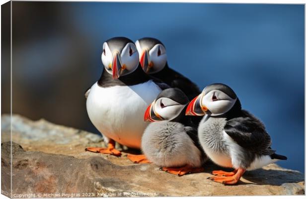 Puffin birds with babies at a coast. Canvas Print by Michael Piepgras