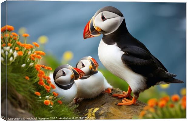 Puffin birds with babies at a coast. Canvas Print by Michael Piepgras