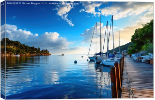 Beautiful view at a jetty of a small port with sailing boats. Canvas Print by Michael Piepgras