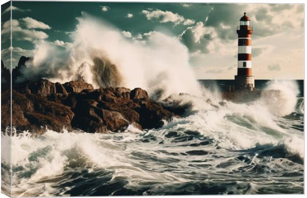 Big ocean waves crashing into the rocks at a lighthouse. Canvas Print by Michael Piepgras