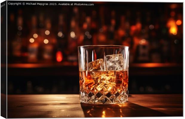 Close up of a glass of whiskey with ice at a bar. Canvas Print by Michael Piepgras