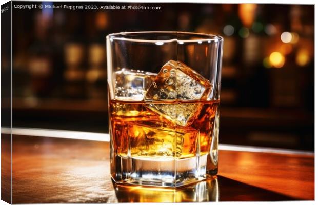 Close up of a glass of whiskey with ice at a bar. Canvas Print by Michael Piepgras