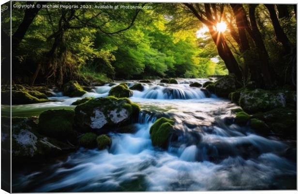 Long exposure of small river with waterfall in idyllic forest. Canvas Print by Michael Piepgras