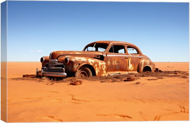 A vintage car rotting next to a sandy road. Canvas Print by Michael Piepgras