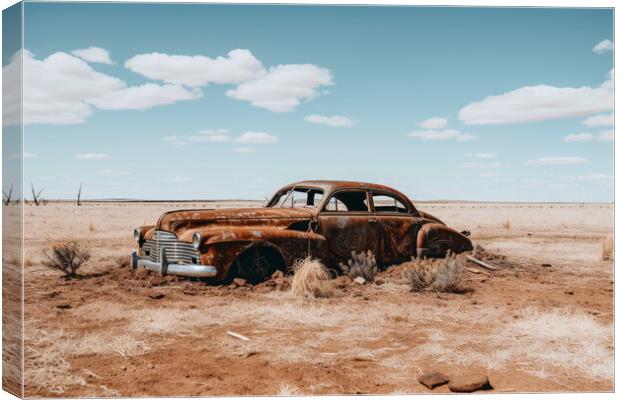 A vintage car rotting next to a sandy road. Canvas Print by Michael Piepgras