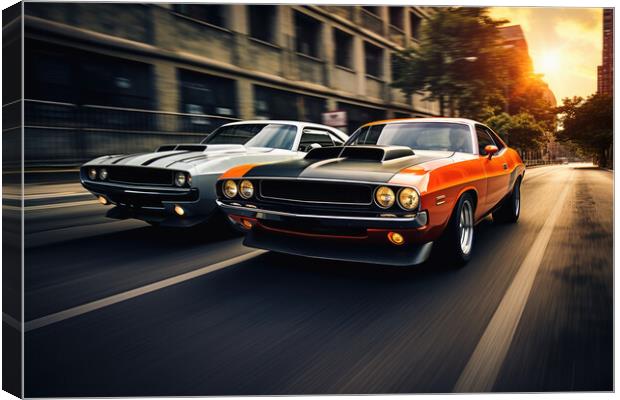 Two musclecars driving a race in a city. Canvas Print by Michael Piepgras