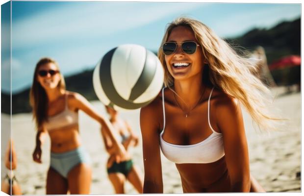 Attractive women playing beach volleyball on a sunny day. Canvas Print by Michael Piepgras