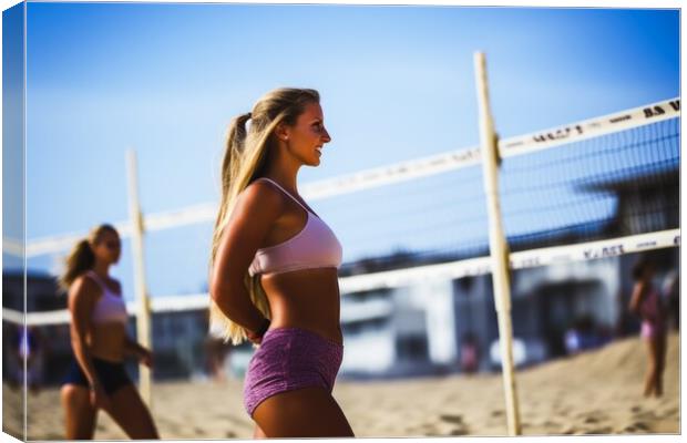 Attractive women playing beach volleyball on a sunny day. Canvas Print by Michael Piepgras
