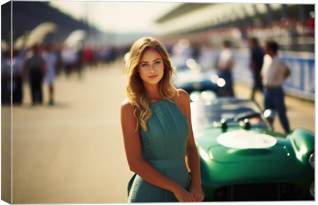 A beautiful young woman with racing cars. Canvas Print by Michael Piepgras