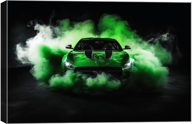 A drifting sports car on dark background with smoke. Canvas Print by Michael Piepgras