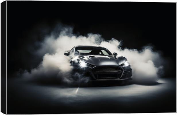 A drifting sports car on dark background with smoke. Canvas Print by Michael Piepgras