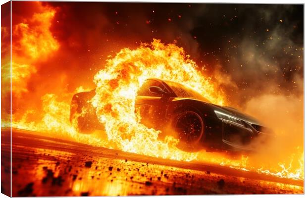 A fast car jumps and a ring of fire. Canvas Print by Michael Piepgras