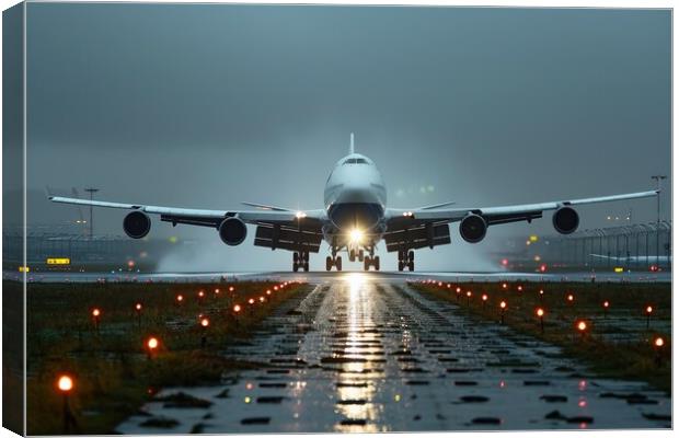 A big passenger jet landing at an airport with heavy wind. Canvas Print by Michael Piepgras