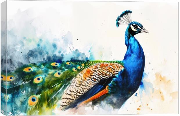 Watercolor of a beautiful peacock on white. Canvas Print by Michael Piepgras