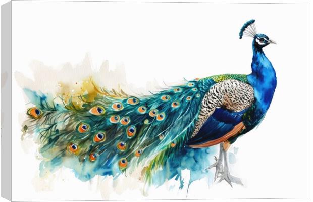 Watercolor of a beautiful peacock on white. Canvas Print by Michael Piepgras