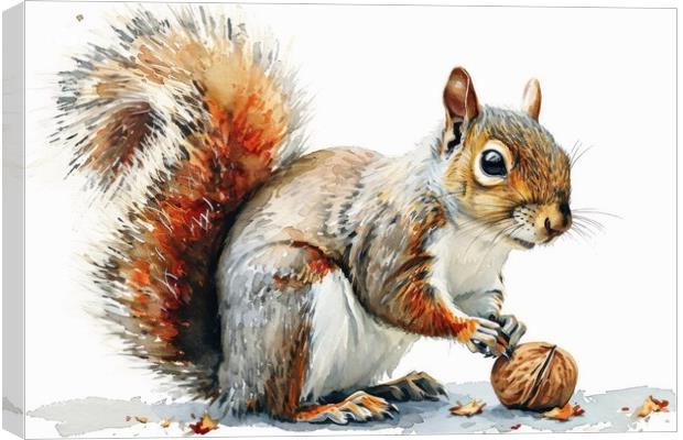 Watercolor of a cut squirrel with a nut on white. Canvas Print by Michael Piepgras