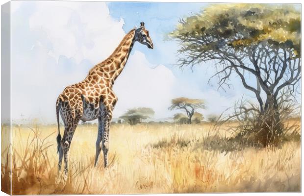 Watercolor of a Giraffe in the Savannah. Canvas Print by Michael Piepgras
