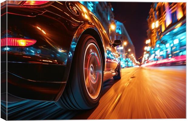 A low angle view of a fast driving car on a city road at night. Canvas Print by Michael Piepgras