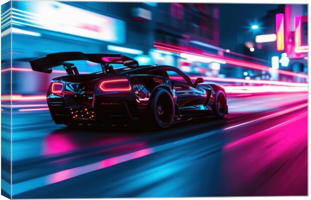 A low angle view of a fast driving sports car with neon lights o Canvas Print by Michael Piepgras